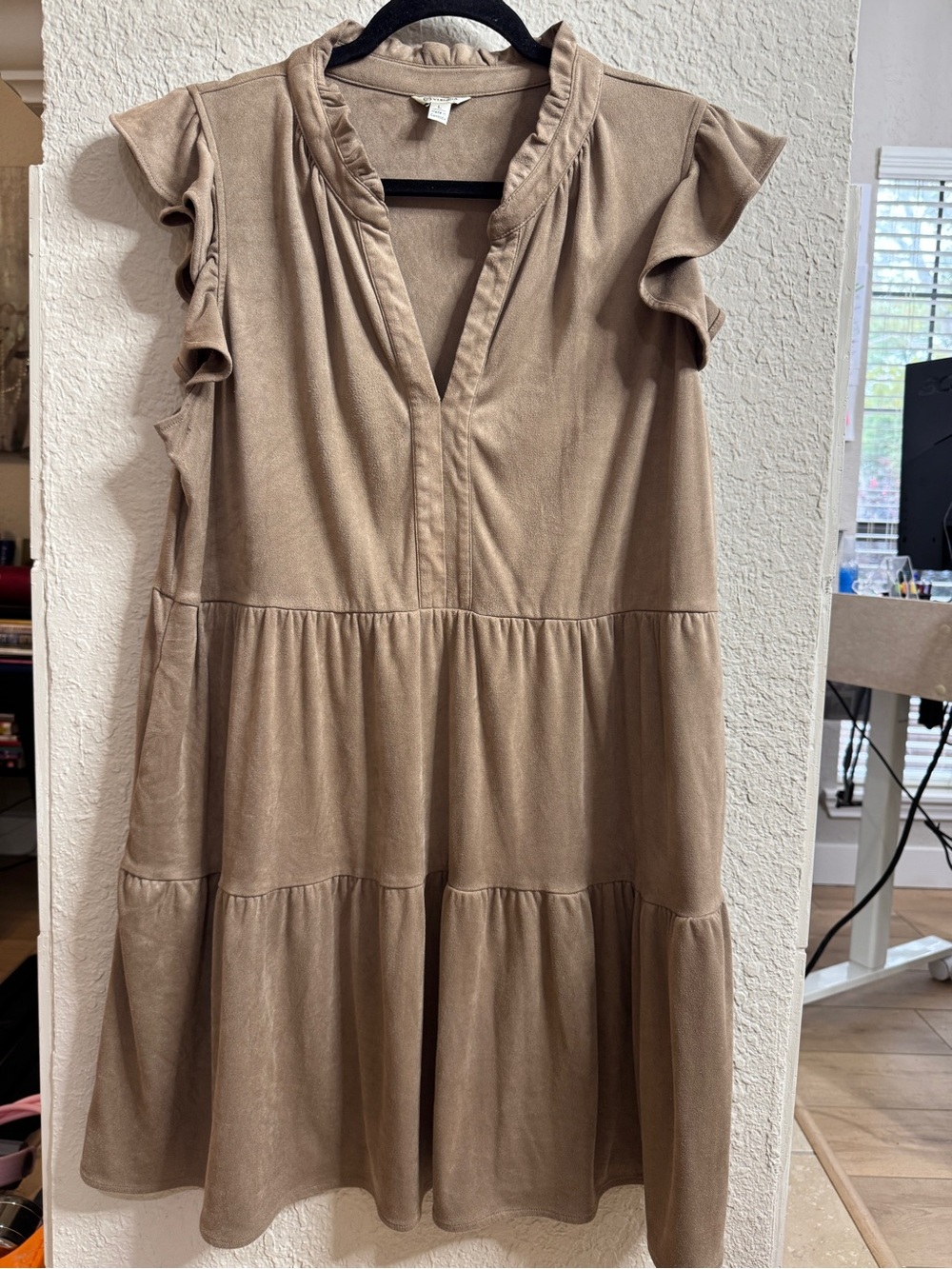 Women's Ruffle Sleeve Tiered Dress in Taupe with pockets